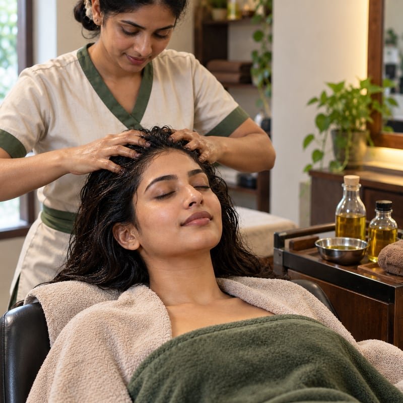 Warm oil being worked through the hair and scalp