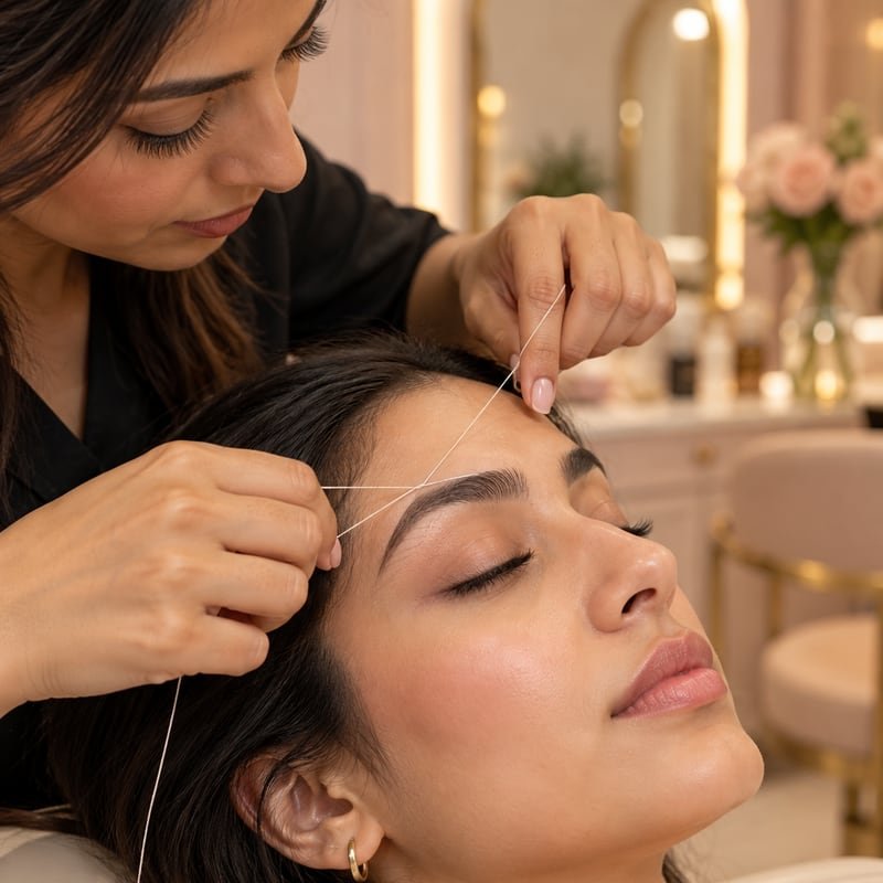 A brow being shaped with cotton thread